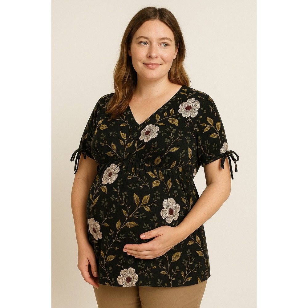 Motherhood Maternity Black Floral Tie Sleeve Empire Waist Top Size Small